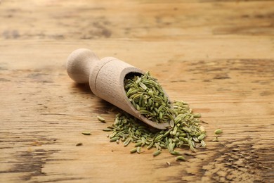 Photo of Scoop with fennel seeds on wooden table