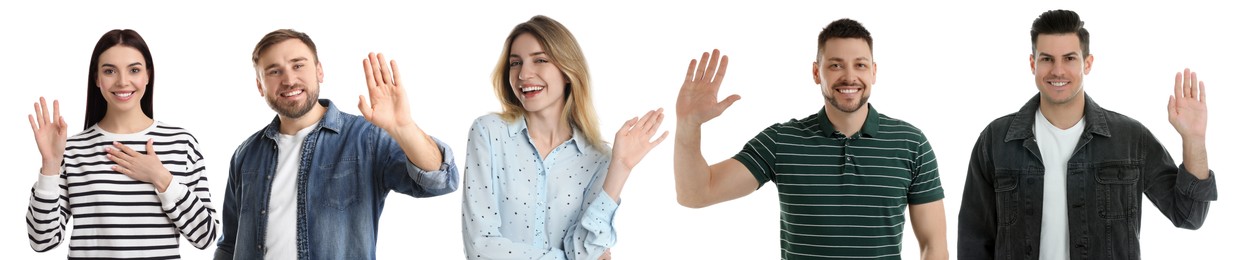 Collage with photos of cheerful people showing hello gesture on white background. Banner design