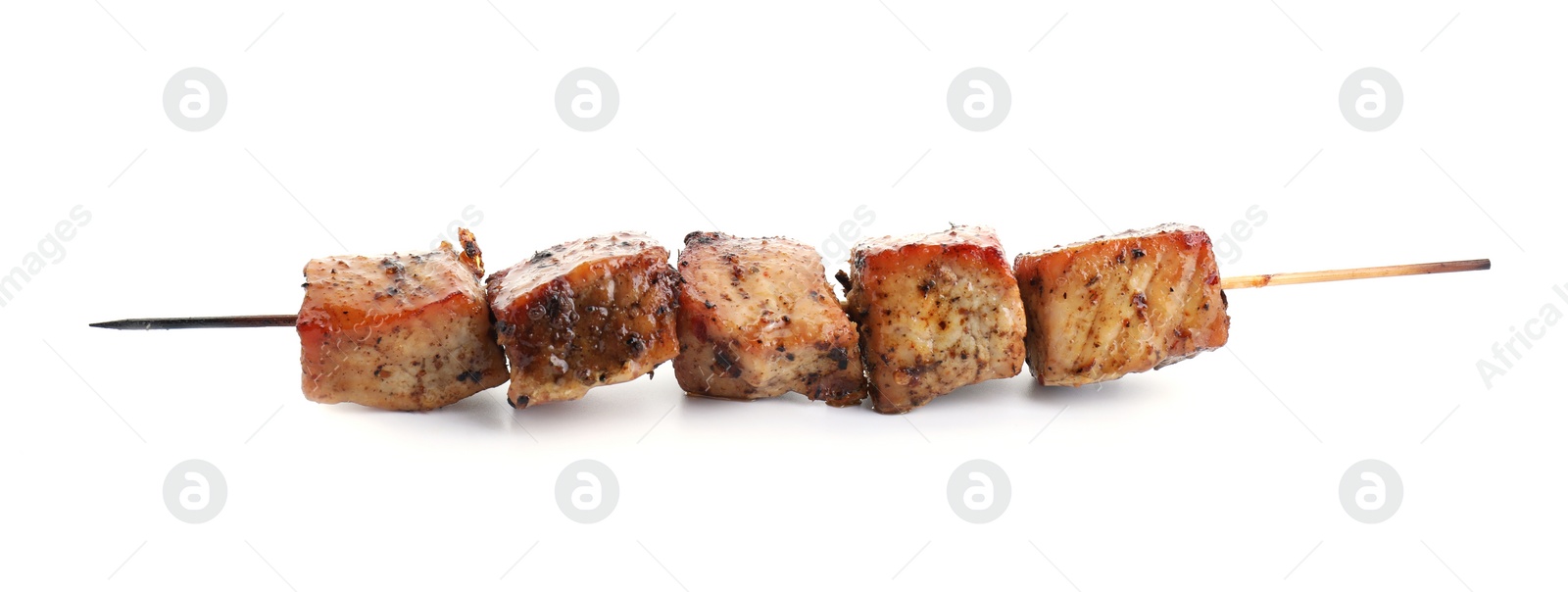 Photo of Skewer with delicious shish kebab isolated on white