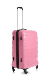 Photo of Trendy pink suitcase on white background