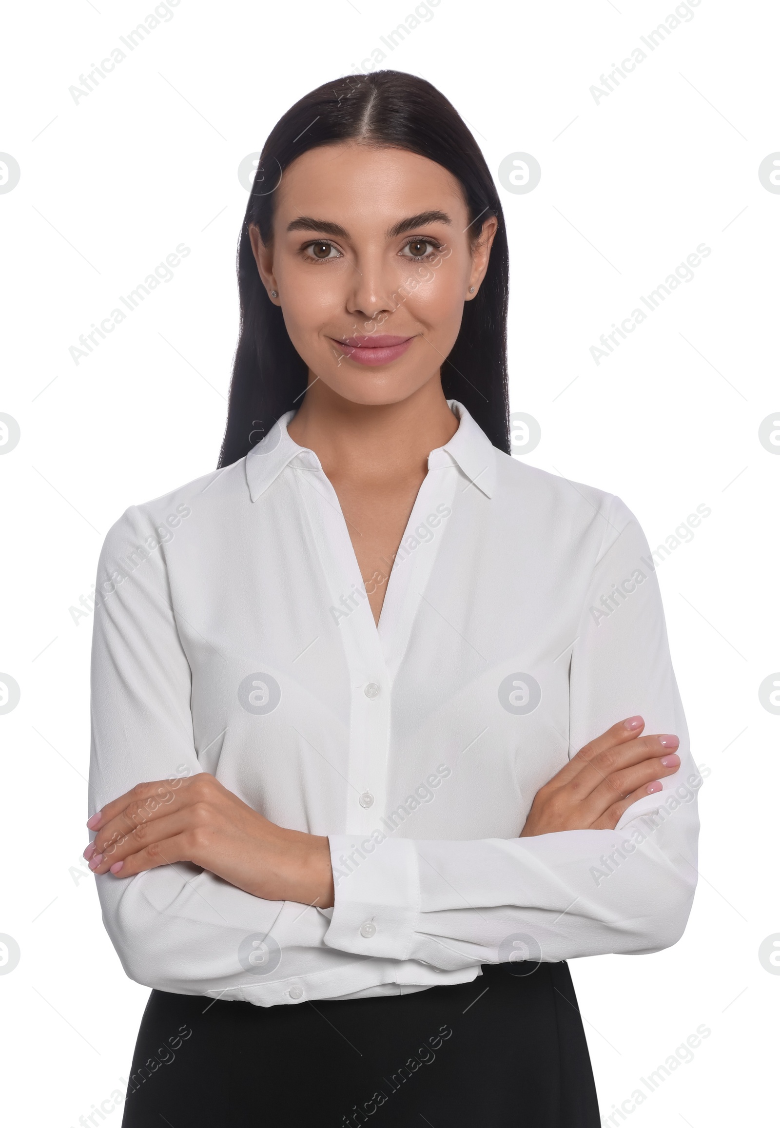 Photo of Portrait of hostess in uniform on white background