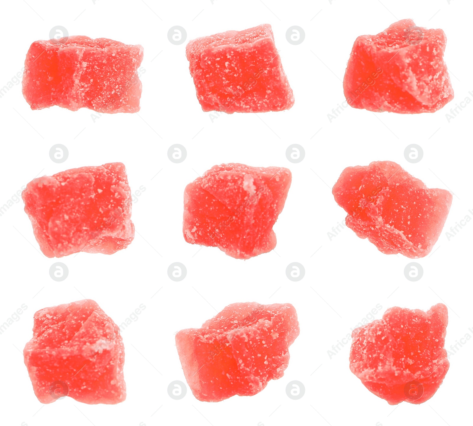 Image of Set with tasty pieces of candied fruits on white background 