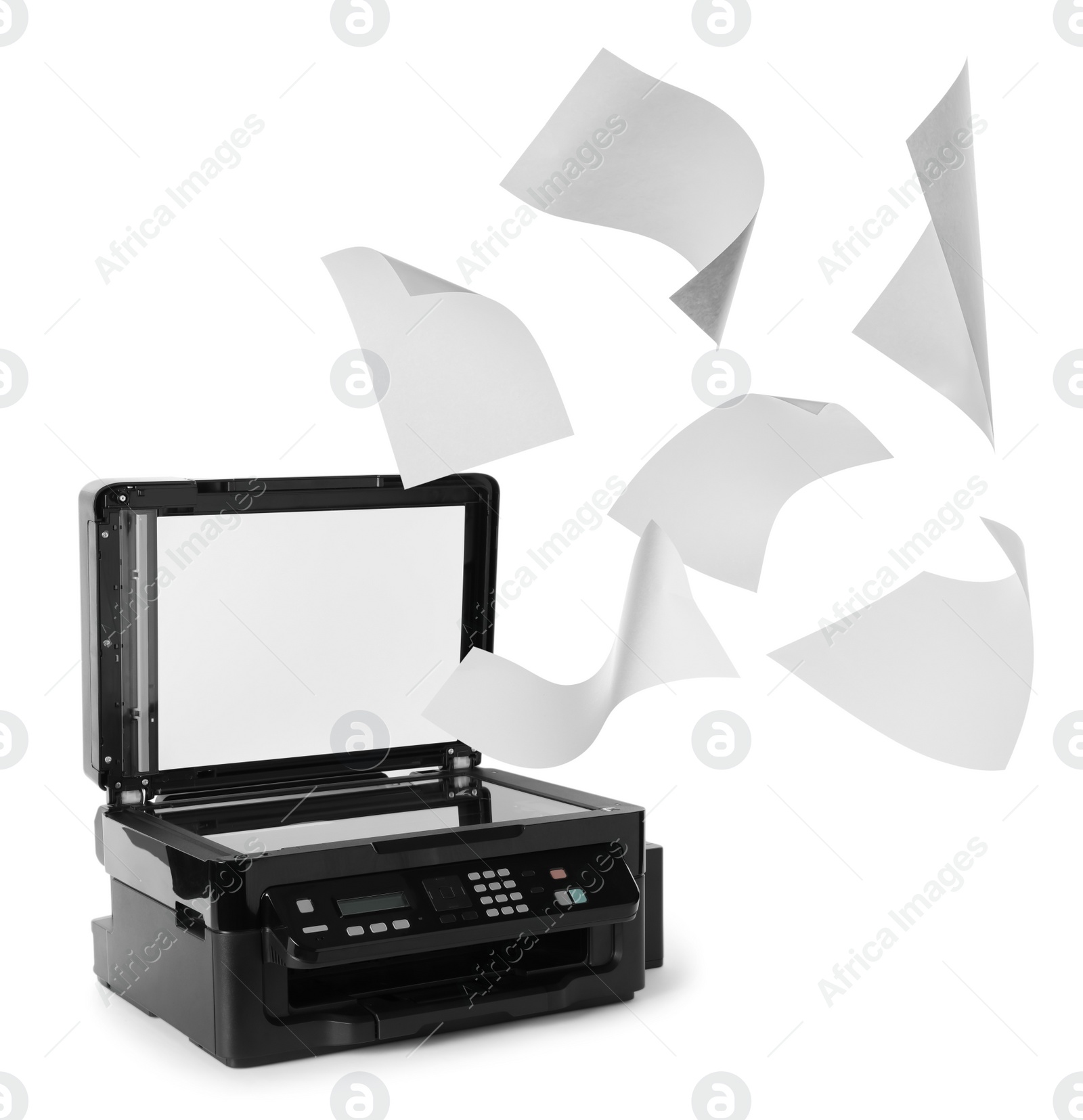 Image of Modern multifunction printer and flying sheets of paper on white background