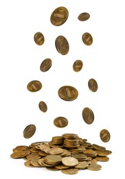 American cent coins falling into pile on white background