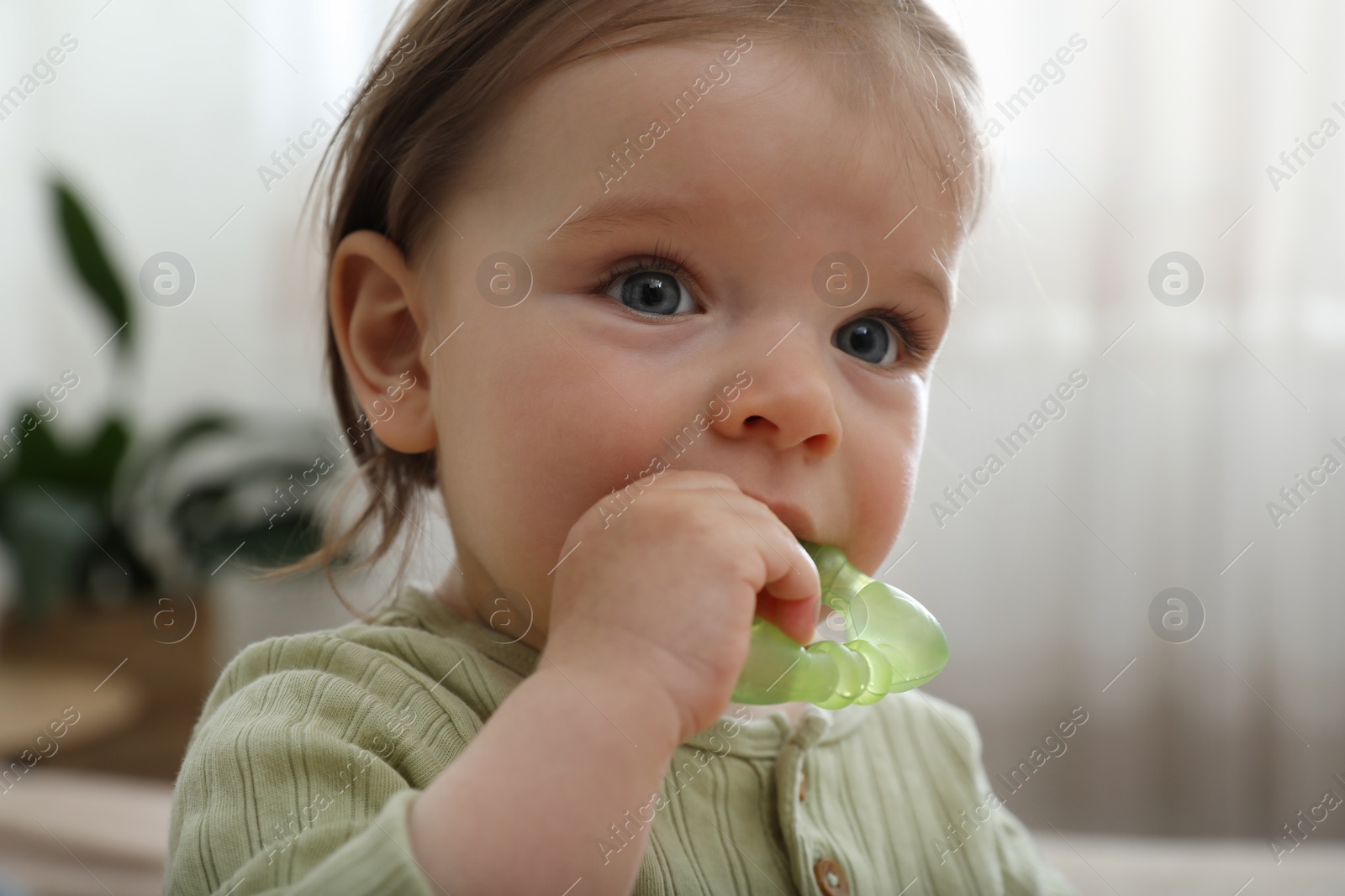 Photo of Cute baby girl with teething toy at home, closeup