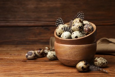 Photo of Speckled quail eggs and feathers on wooden table. Space for text