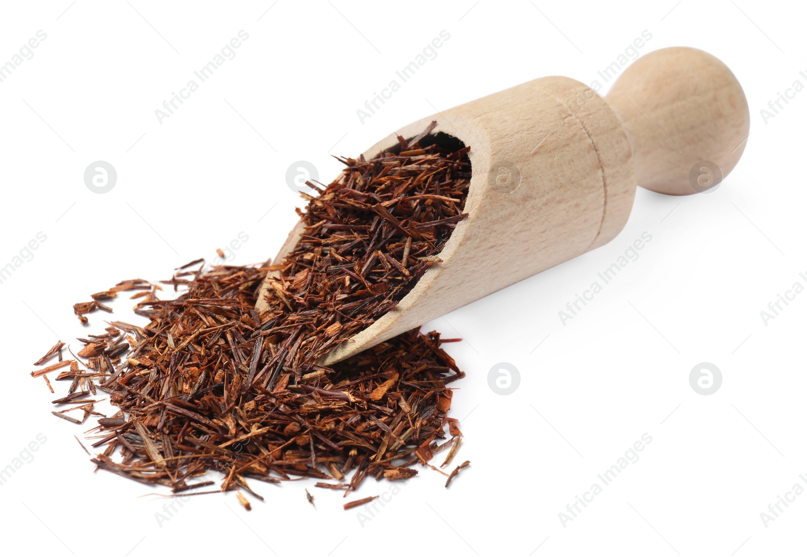 Photo of Rooibos tea and scoop isolated on white