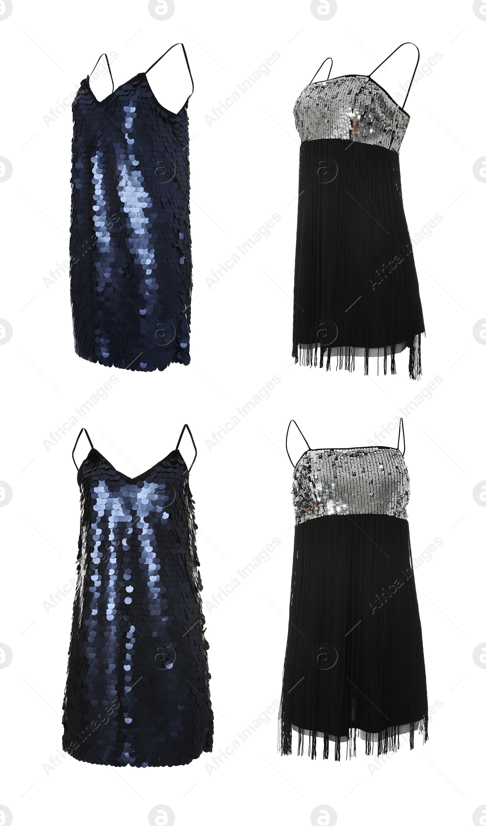 Image of Set of different stylish dresses on white background