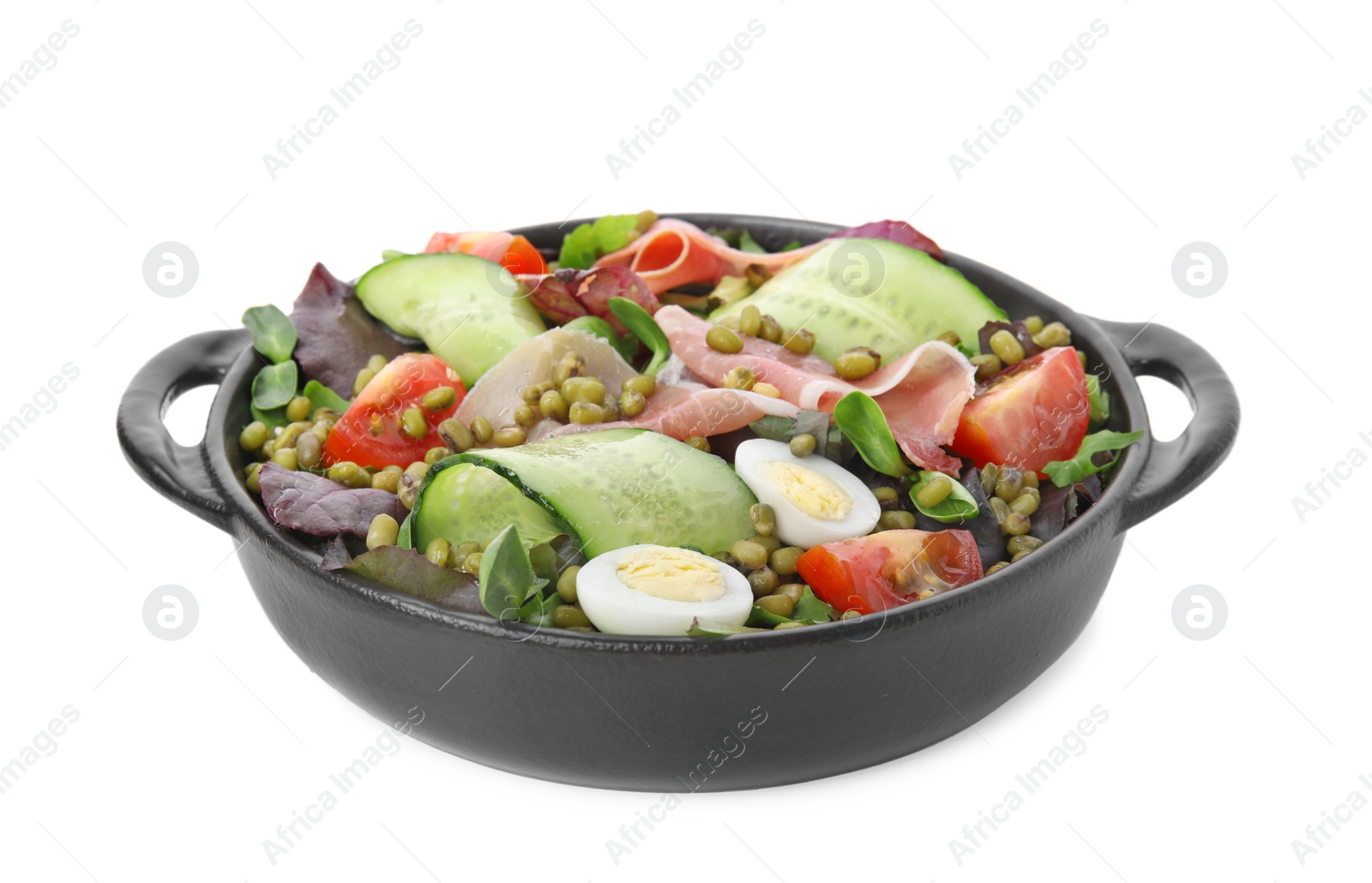 Photo of Bowl of salad with mung beans isolated on white