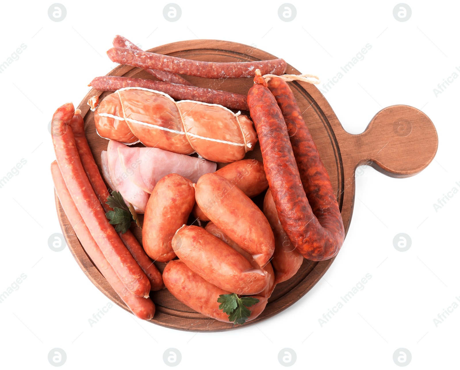 Photo of Wooden board with different tasty sausages isolated on white, top view