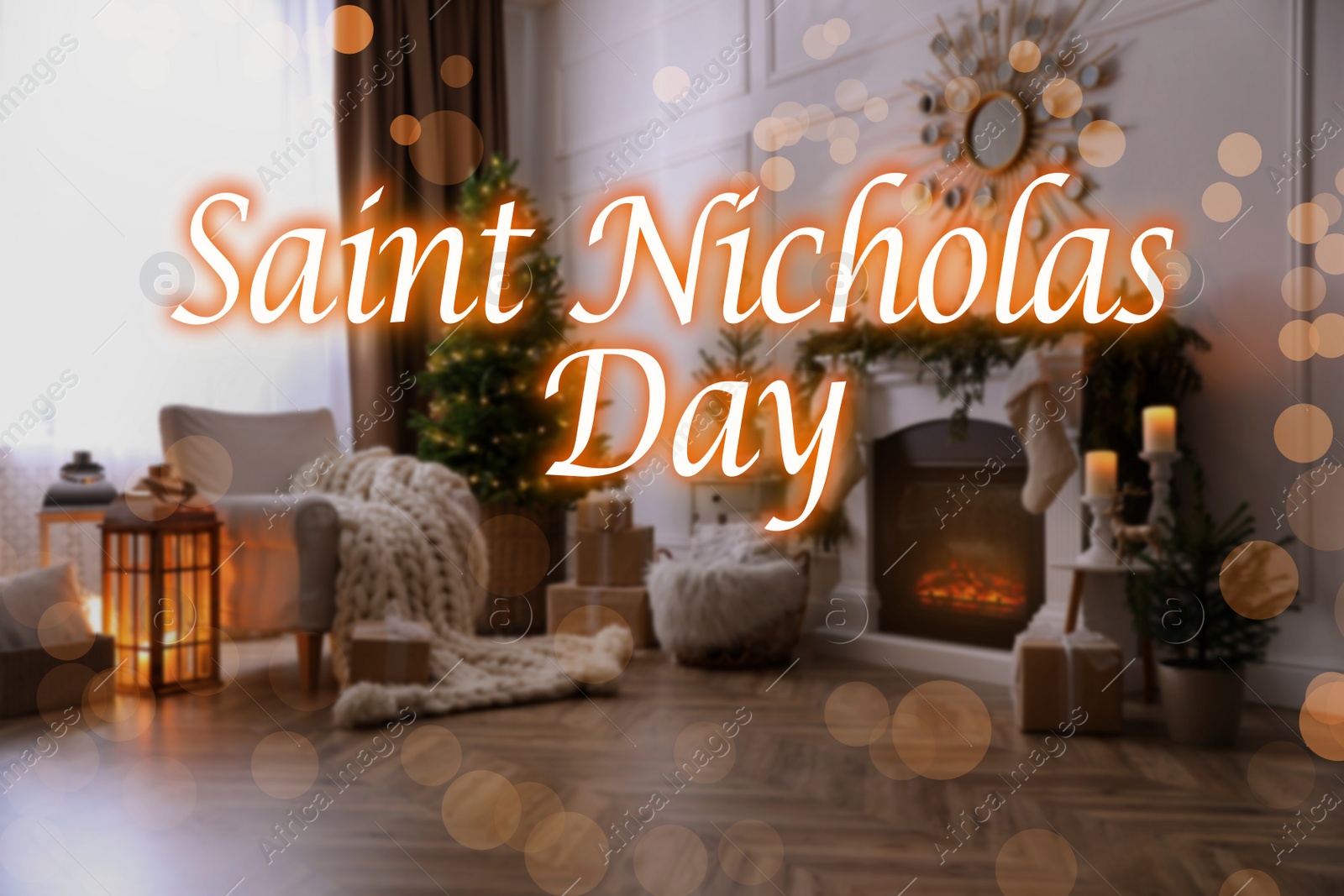 Image of Saint Nicholas Day. Stylish room interior with fireplace and beautiful Christmas tree