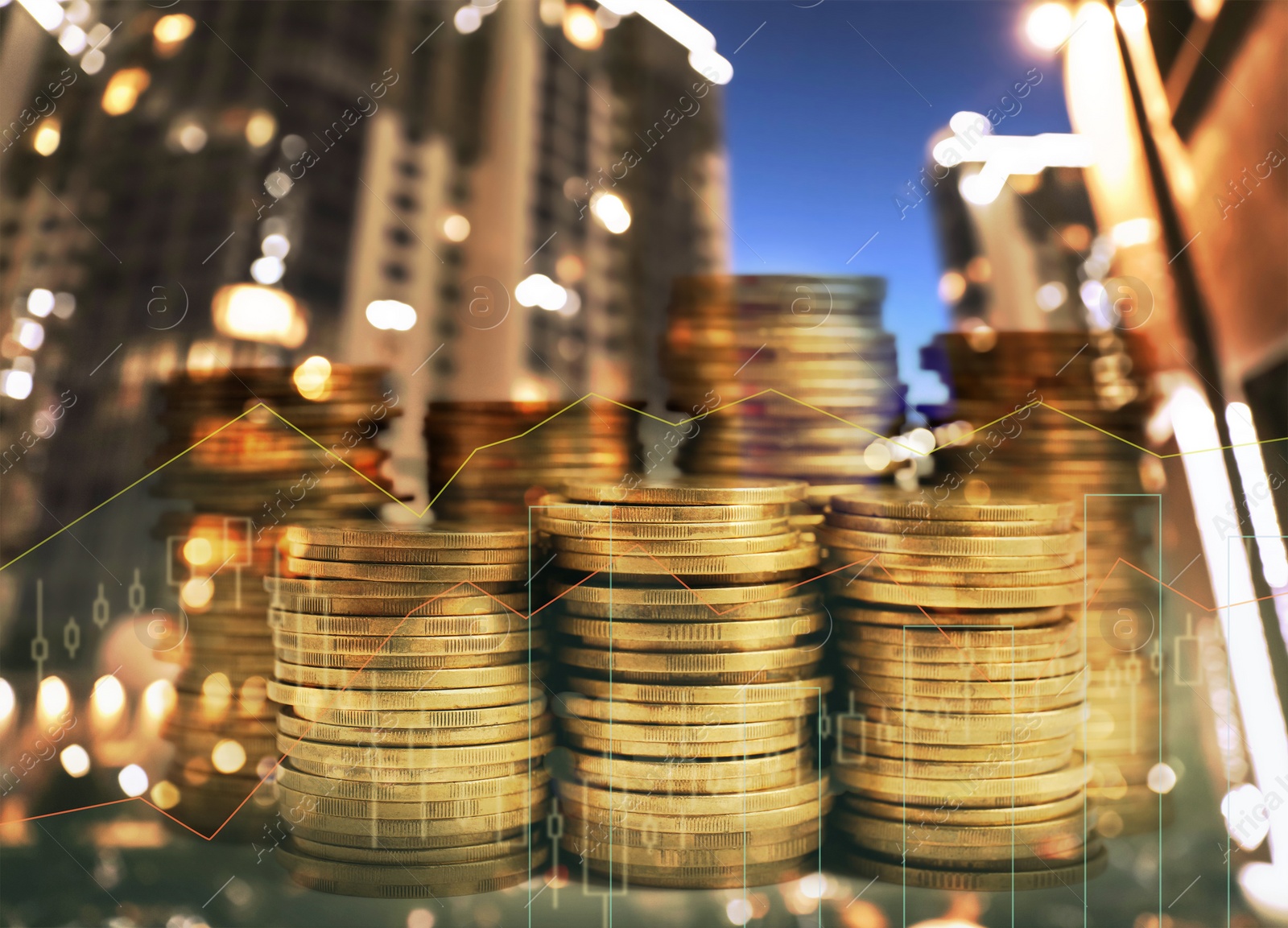 Image of Multiple exposure of stacked coins, charts and night cityscape