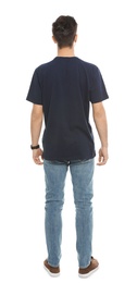 Photo of Young man in t-shirt on white background. Mock up for design