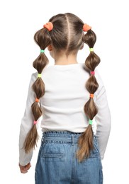 Little girl with beautiful hairstyle on white background, back view