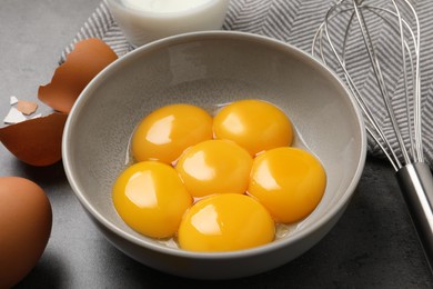 Bowl with raw egg yolks and whisk on grey table