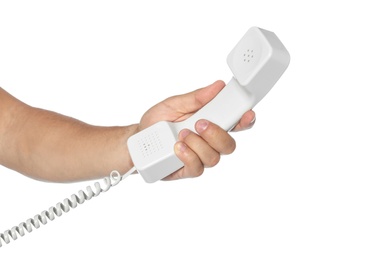 Photo of Man holding telephone receiver on white background