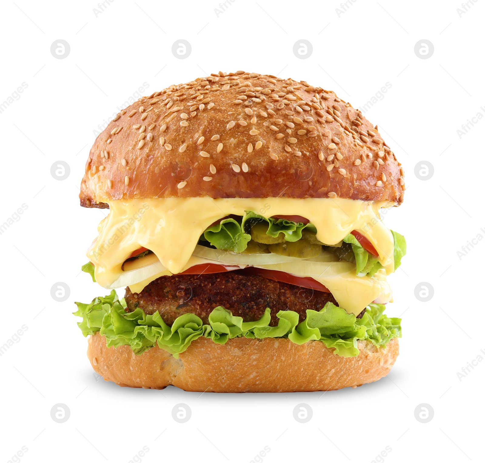 Photo of Vegetarian burger with delicious patty isolated on white