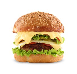 Photo of Vegetarian burger with delicious patty isolated on white