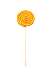 Photo of Yellow lollipop made of plasticine isolated on white, top view
