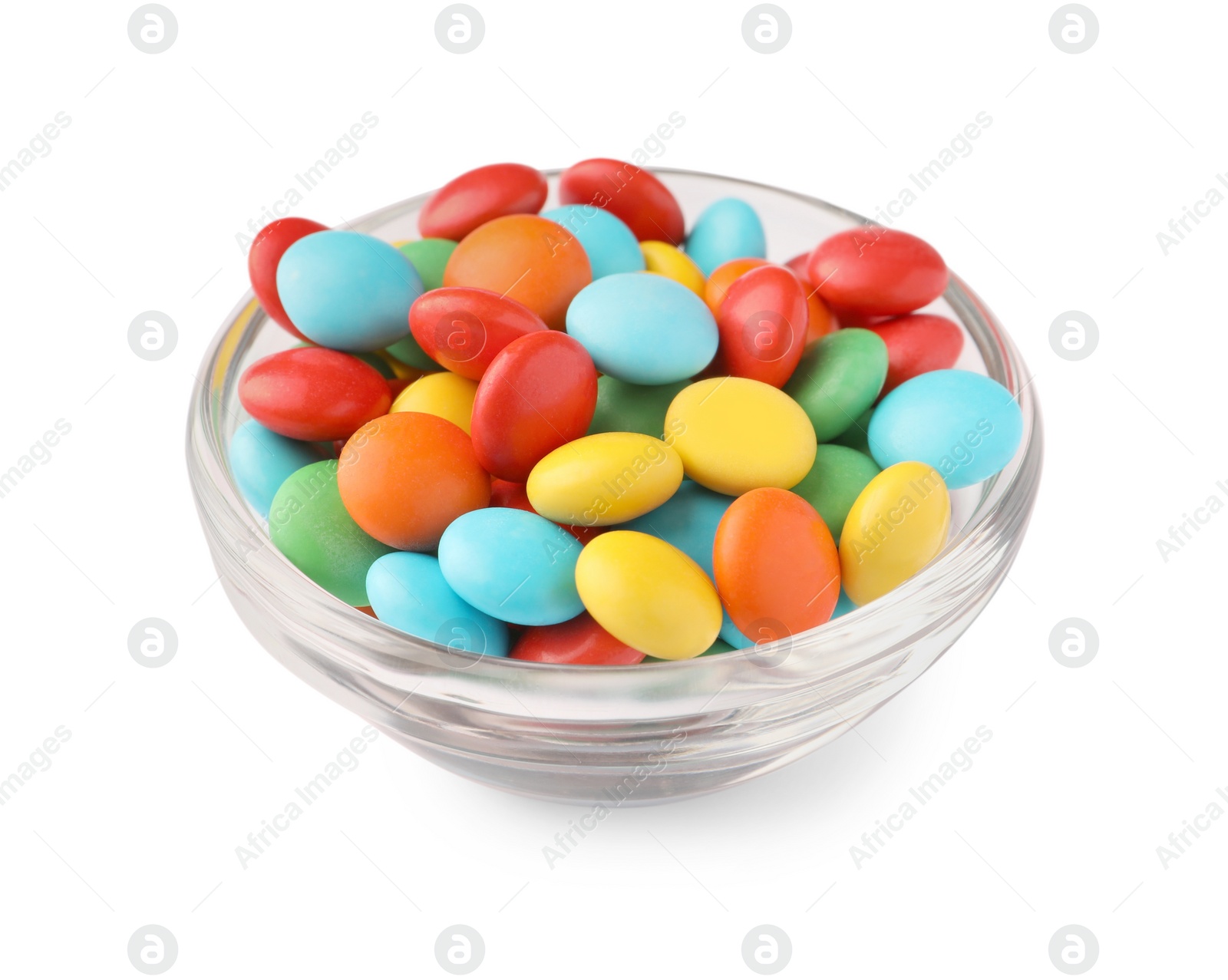 Photo of Bowl with colorful candies isolated on white