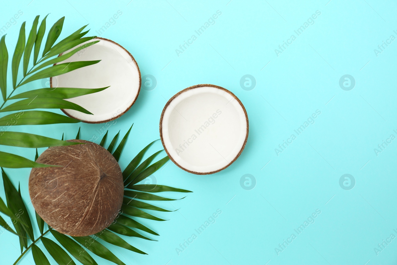 Photo of Fresh coconuts and palm leaves on light blue background, flat lay. Space for text