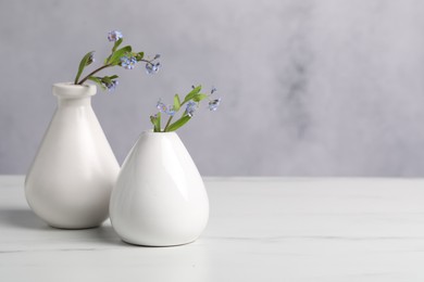 Photo of Beautiful forget-me-not flowers in vases on white marble table, closeup. Space for text