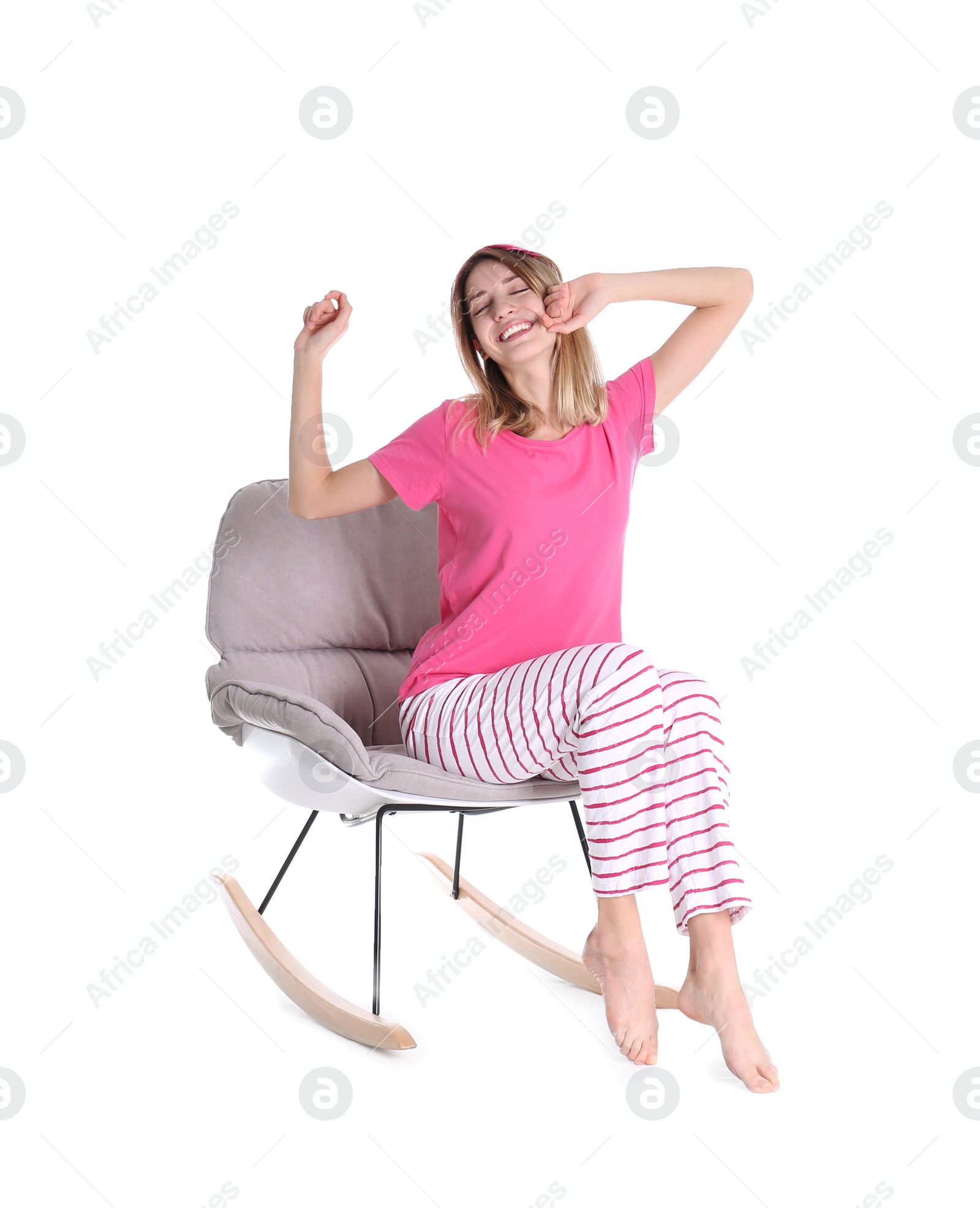 Photo of Young woman relaxing in armchair on white background