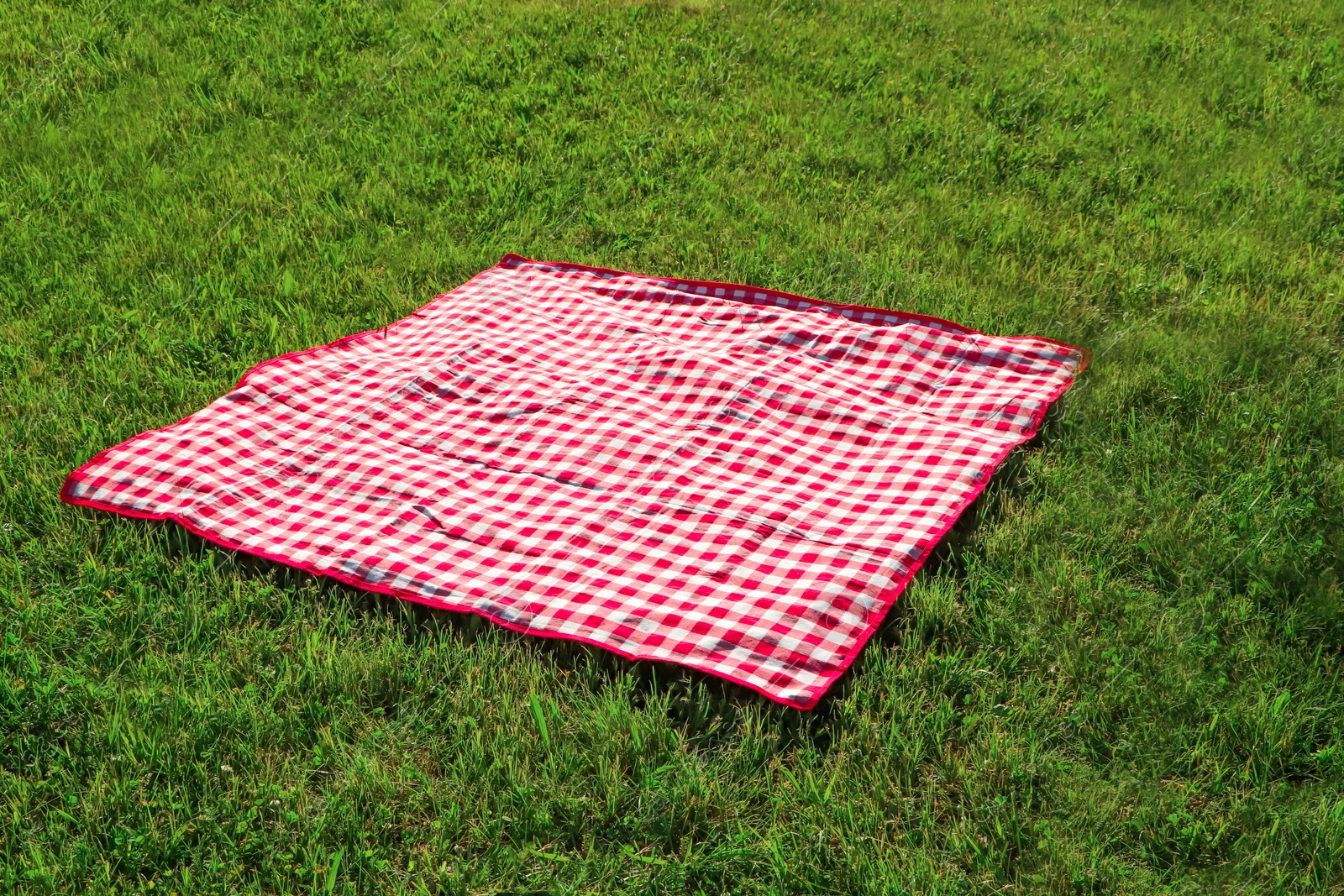 Photo of Checkered picnic tablecloth on fresh green grass outdoors