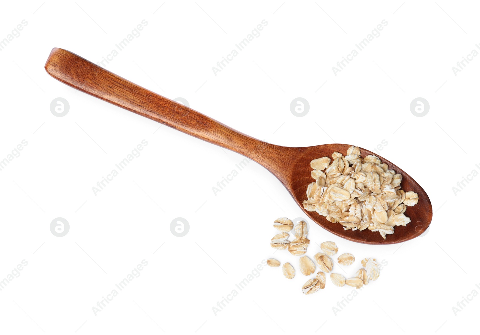 Photo of Raw oatmeal and wooden spoon on white background, top view