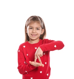 Little girl showing STAND gesture in sign language on white background