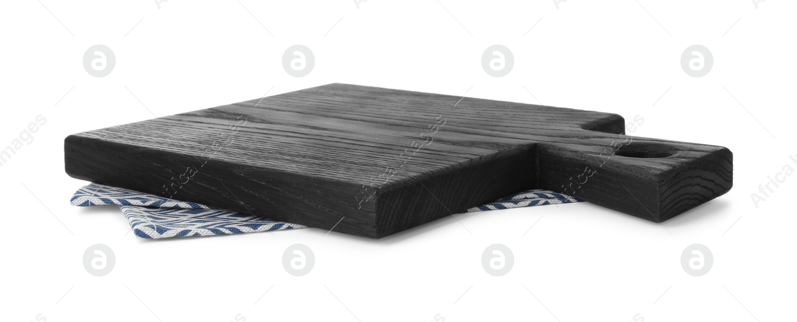 Photo of Black wooden cutting board and napkin isolated on white