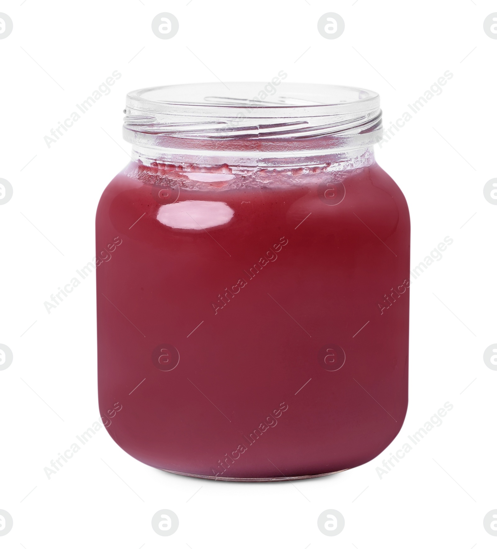 Photo of Glass jar with healthy baby food isolated on white