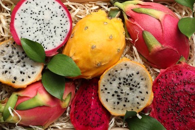 Photo of Delicious cut and whole dragon fruits as background, top view