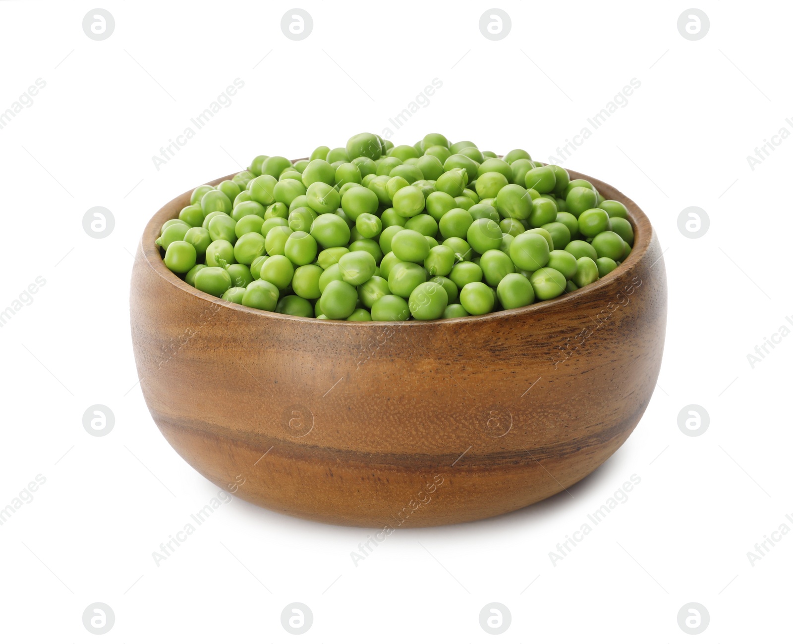 Photo of Fresh raw green peas in wooden bowl isolated on white