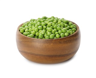 Photo of Fresh raw green peas in wooden bowl isolated on white