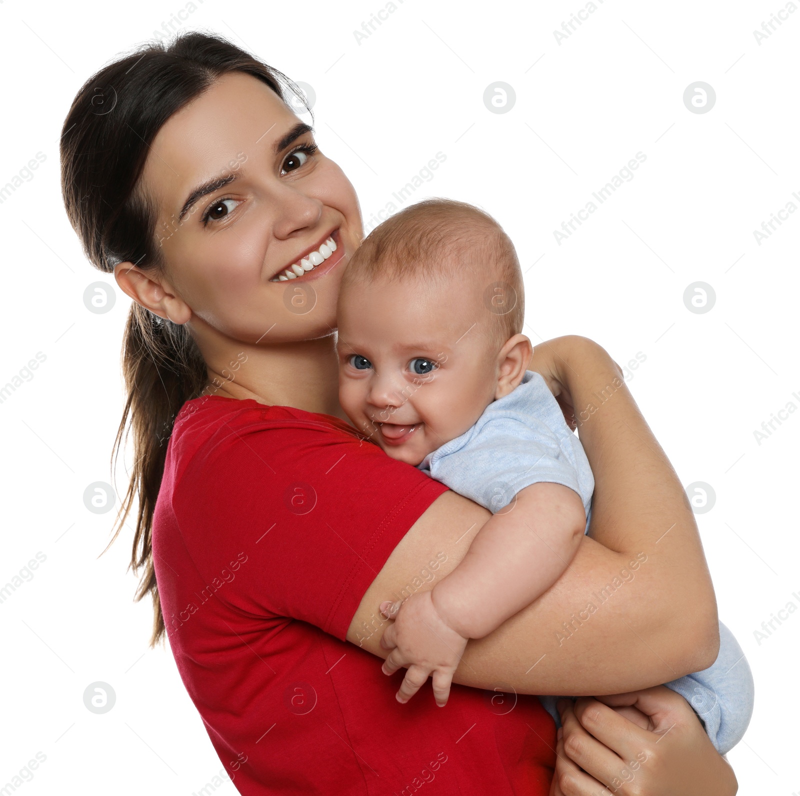 Photo of Beautiful mother with her cute baby on white background