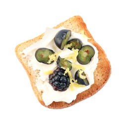 Photo of Tasty sandwich with cream cheese, blueberries, blackberry and lemon zest isolated on white, top view