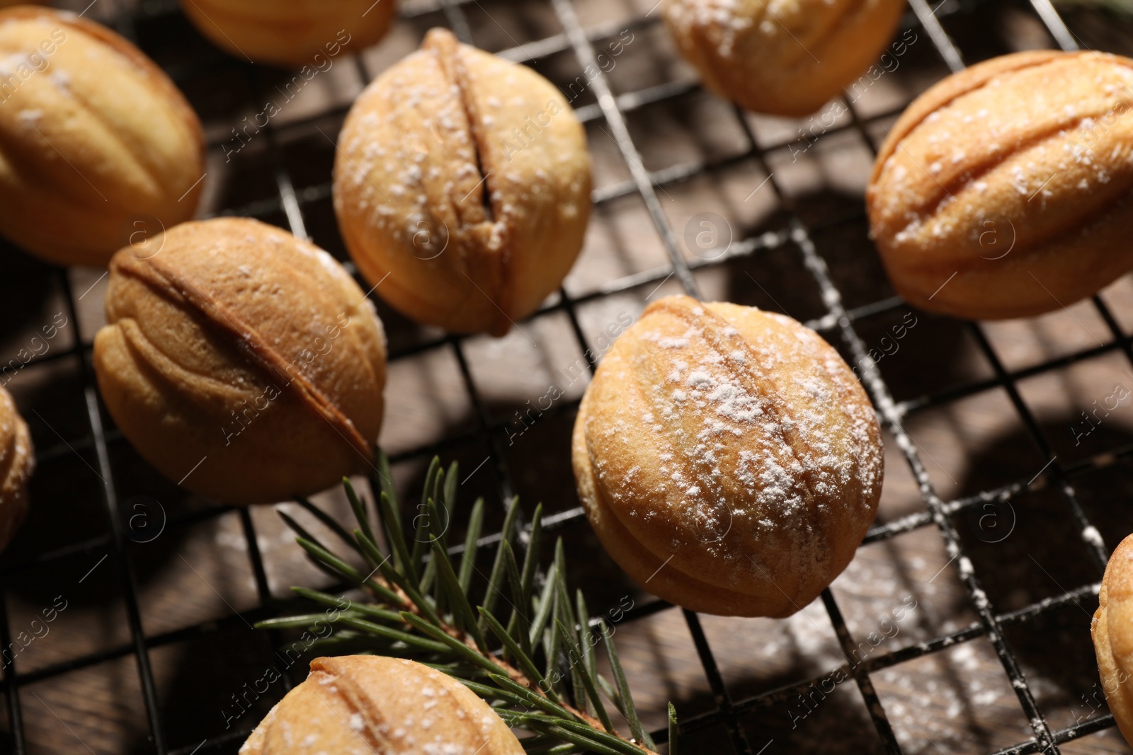 Photo of Delicious nut shaped cookies with powdered sugar on baking grid, closeup