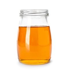 Photo of Jar with delicious honey on white background