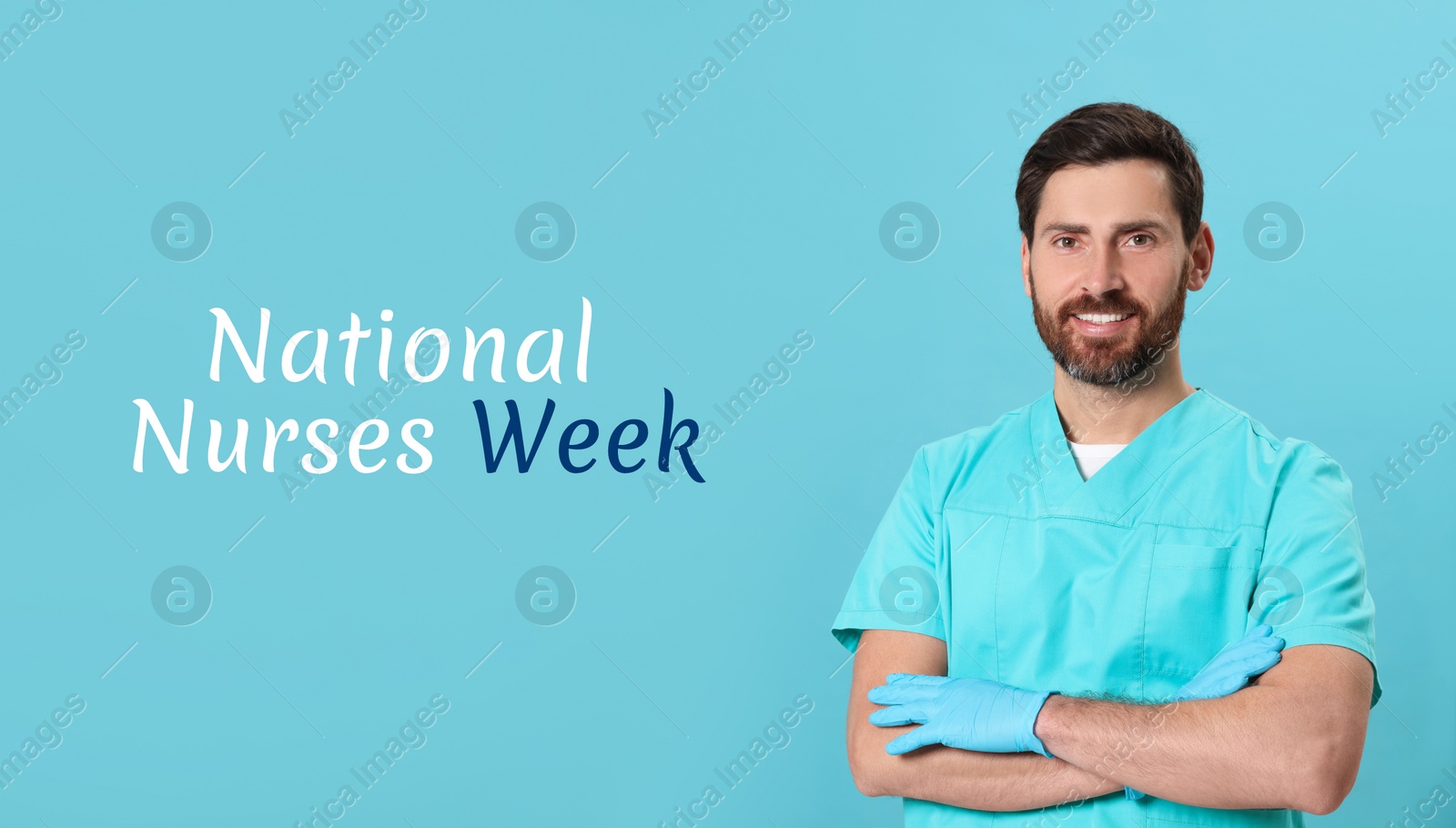 Image of National Nurses Week. Nurse in medical uniform on light grey background, banner design