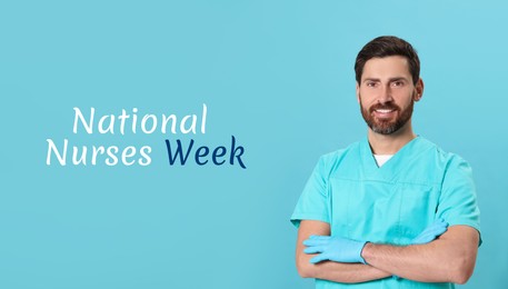 National Nurses Week. Nurse in medical uniform on light grey background, banner design