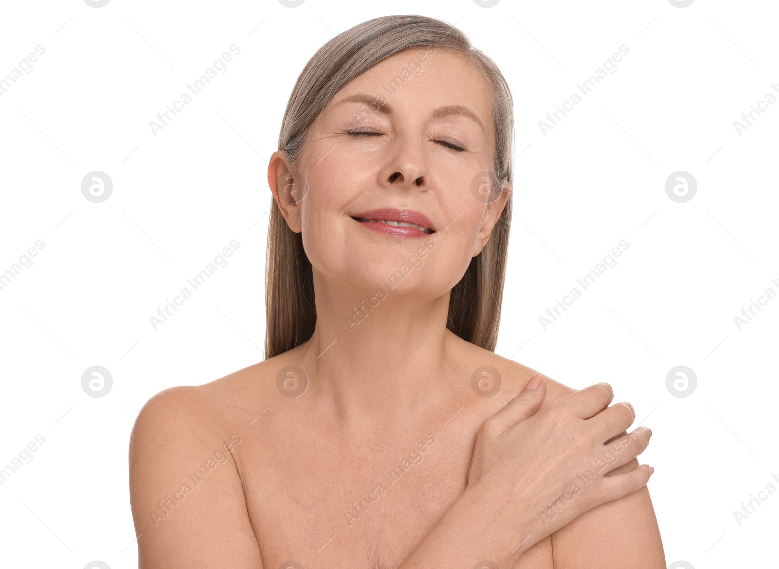 Photo of Mature woman with healthy skin on white background