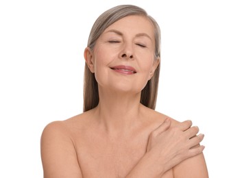 Photo of Mature woman with healthy skin on white background