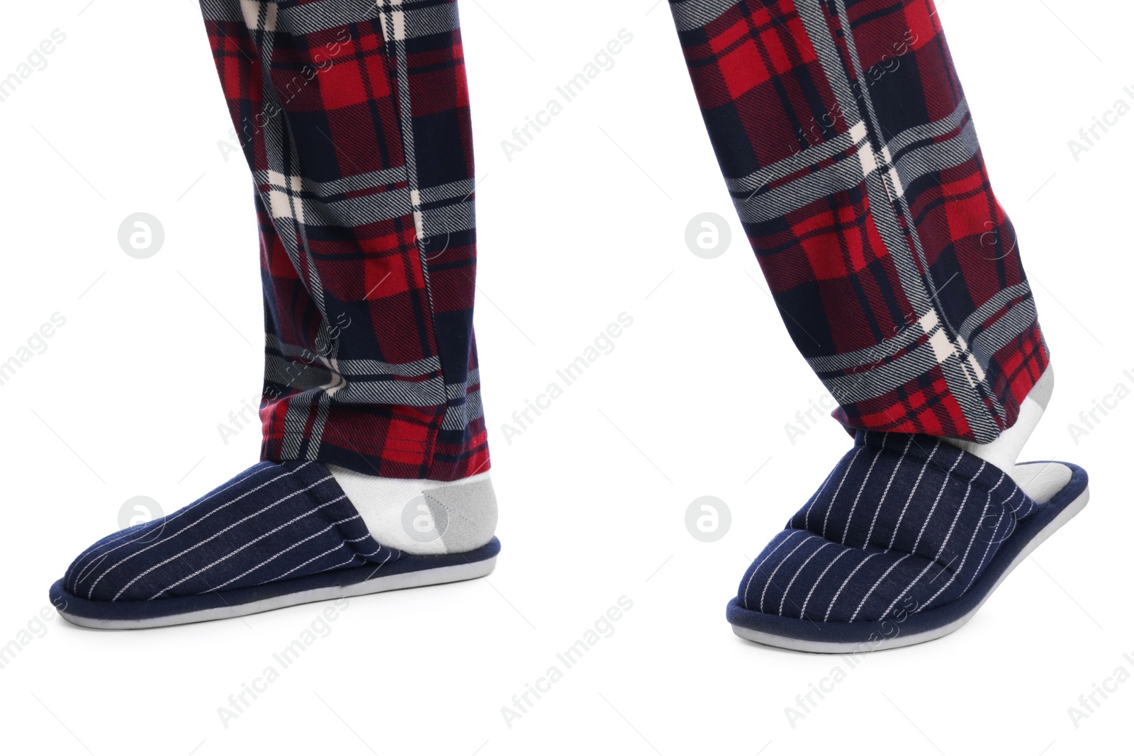 Photo of Man in soft slippers on white background, closeup