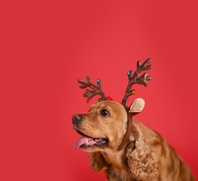 Photo of Adorable Cocker Spaniel dog in reindeer headband on red background, space for text