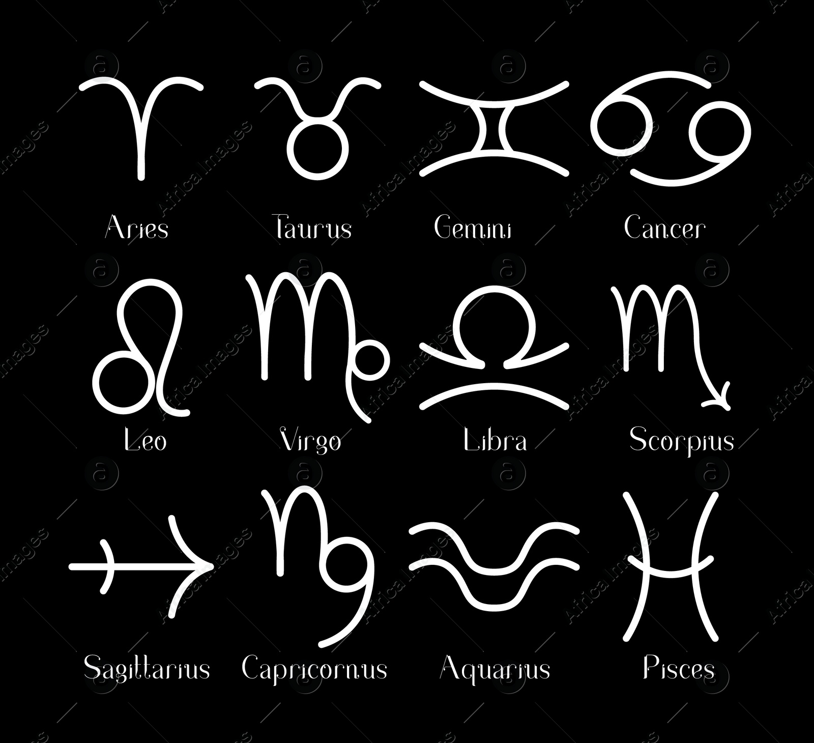 Illustration of Collection of astrological signs on black background. Illustration 