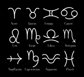 Illustration of Collection of astrological signs on black background. Illustration 