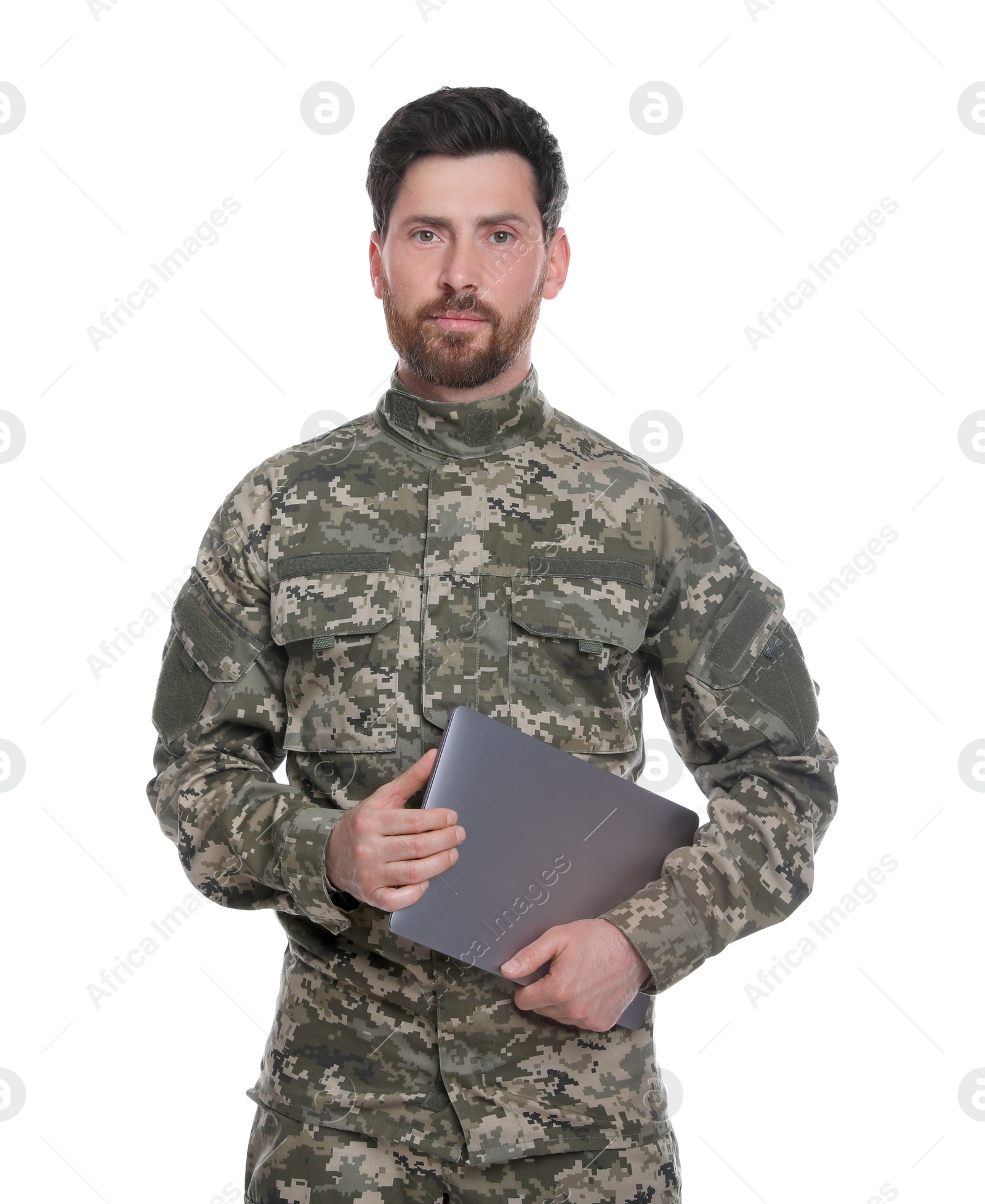 Photo of Soldier with laptop on white background. Military service