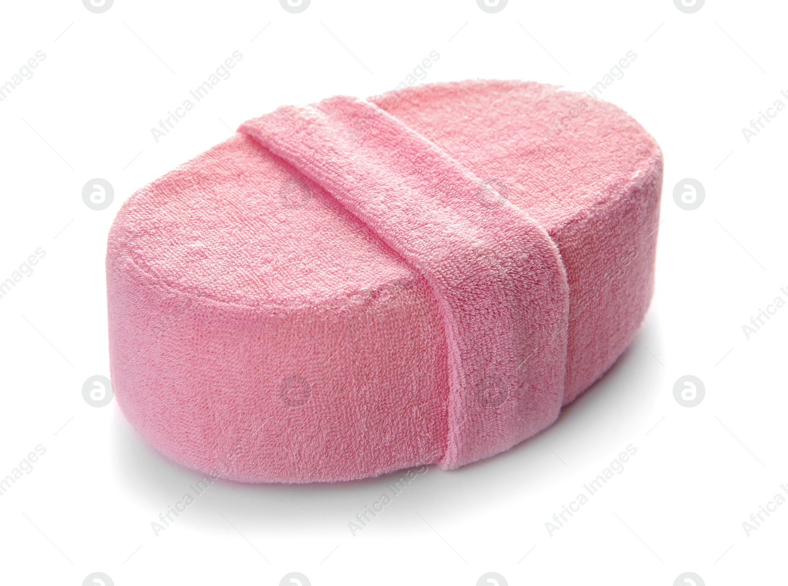 Photo of New pink bath sponge on white background