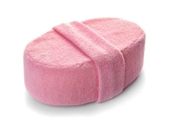 Photo of New pink bath sponge on white background